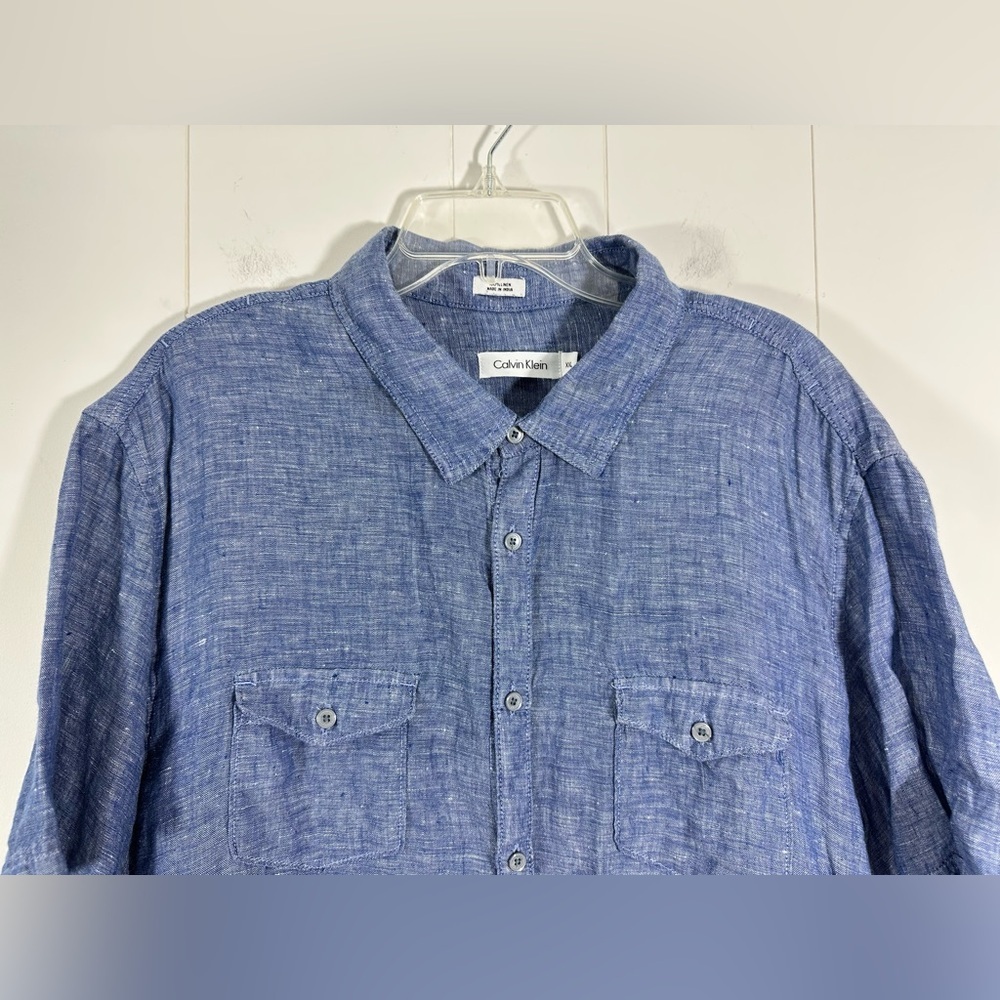 Calvin Klein Mens XXL 100% Linen Shirt Short Sleeve Button Up Blue Lightweight - Picture 3 of 11